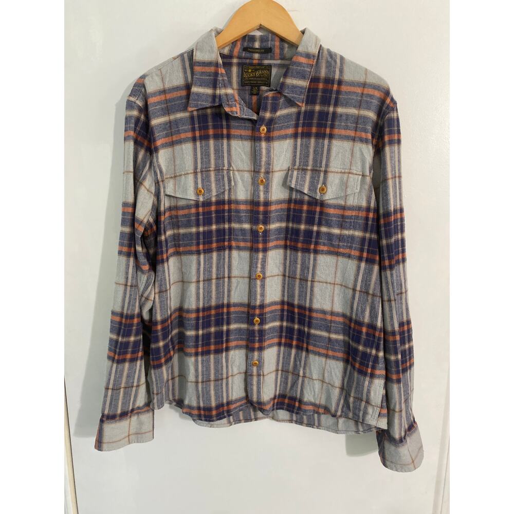 Lucky Brand flannel shirt Saturday stretch men’s L gray navy plaid untucked fit